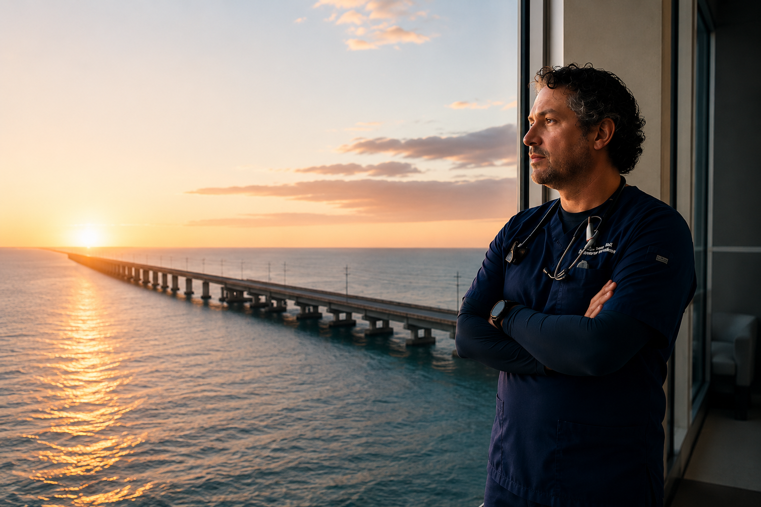 Physician standing in calm composure, arms crossed, overlooking a Florida Keys bridge at sunset